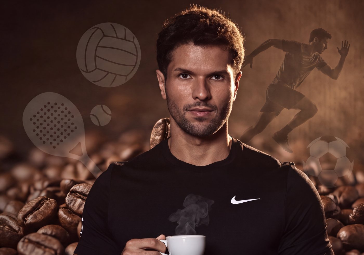 Guilherme Moura, nutricionista esportivo, segurando uma xícara de café expresso